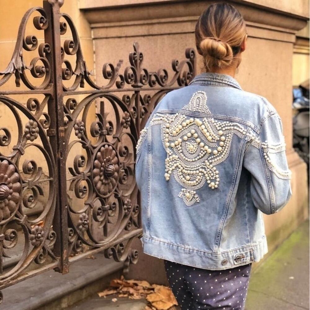 Sandro Pearl Embellished Oversized Distressed Denim Jean Jacket Size small